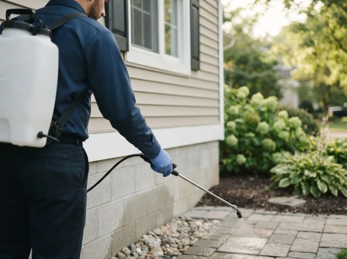 Pest control technician inspecting a home in Lugoff, SC